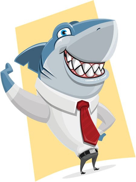 Dibujo de un simpático tiburón sonriente, vestido con una camisa blanca y corbata roja. No es necesario ser agresivos para tener éxito en los business.